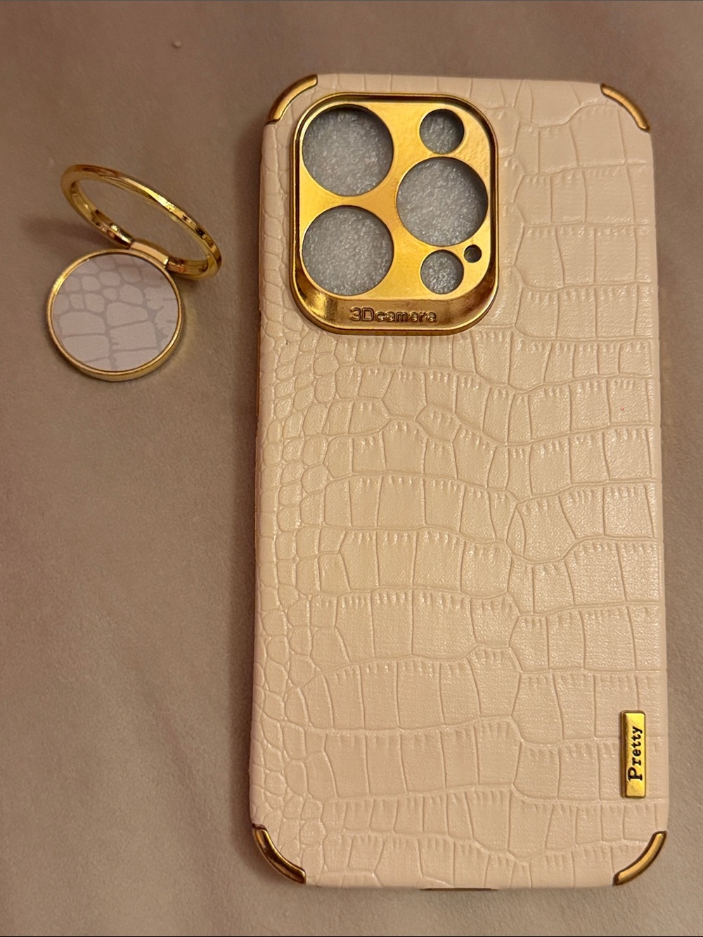 Gold-Trim Croc Texture iPhone 14 Pro Case with Ring Holder - Cream